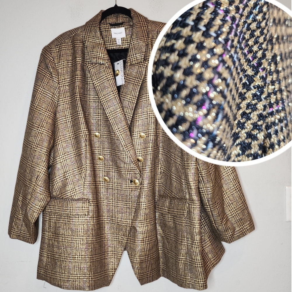 NWT Nine West Gold Metallic Plaid Blazer Gold Black Blue Purple Size 4X